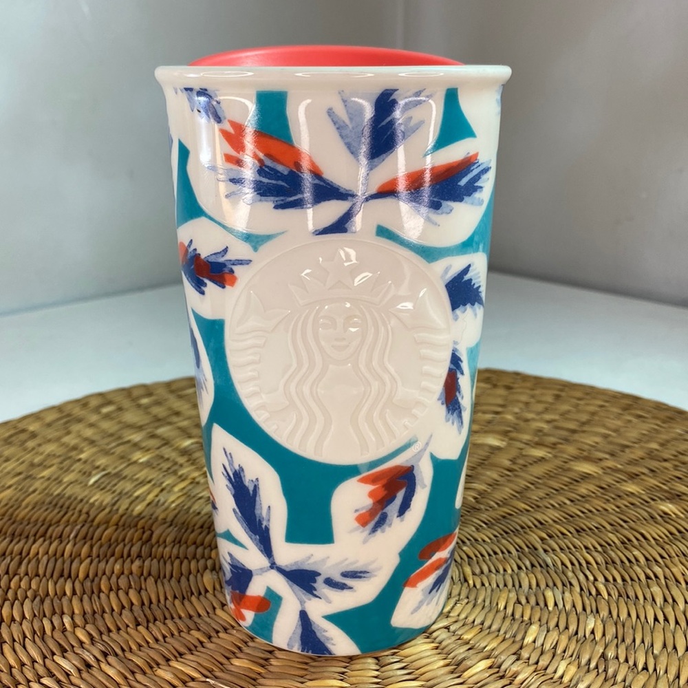 - Starbucks 2016 Ceramic Tumbler Teal & Coral Floral Mermaid Siren Hawaiia…